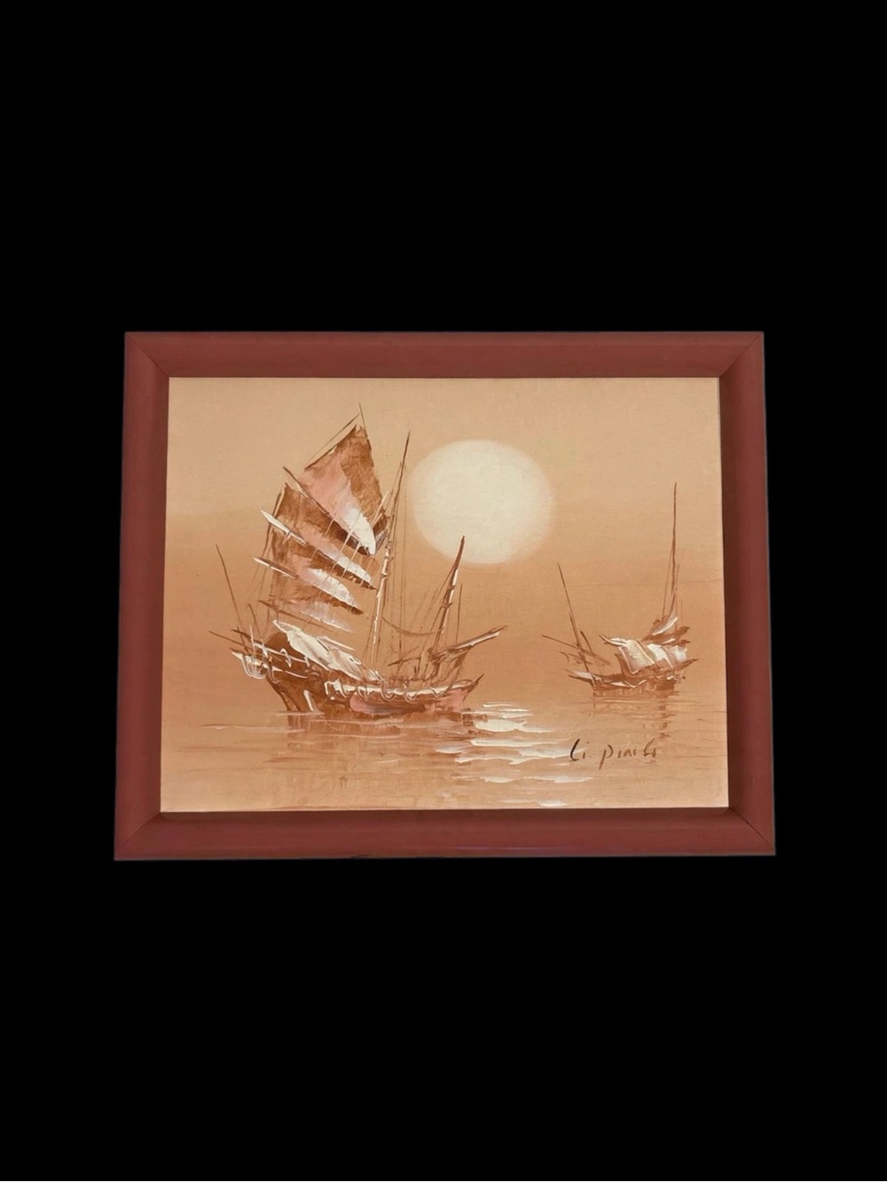 Vintage Original Acrylic on Canvas Asian Junk Boats Signed Artist Ping 8x10 Pink